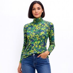 GANNI Women’s Size 42 Mesh Turtleneck Top Sulphur Spring Floral Print NWT $145